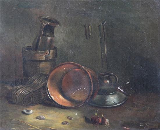 P. Jouet Still life of vessels on table top, 9 x 11in.